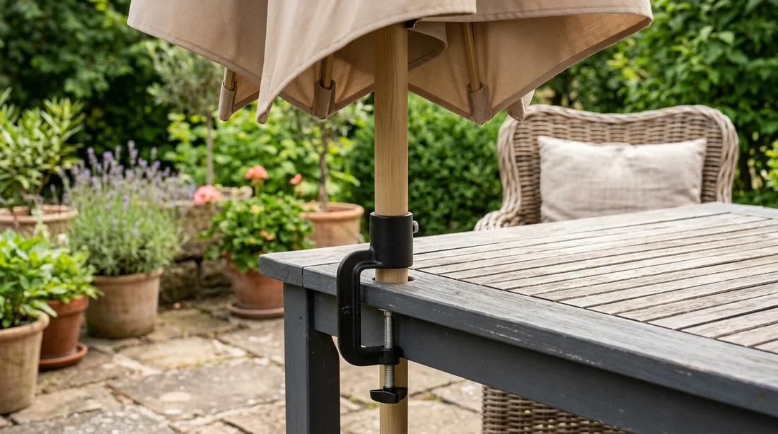 Gartentisch mit Sonnenschirmstock, der durch ein Loch in der Tischplatte geführt und zusätzlich von einer schwarzen Schraubklemme an der Tischkante gehalten wird
