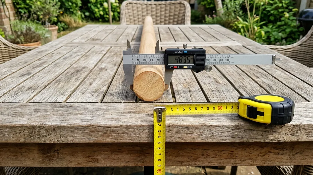 Digitaler Messschieber, der den Durchmesser eines Sonnenschirmstocks auf einem Gartentisch misst, daneben ein Maßband, dessen Hakenende an der Tischkante zur Messung der Plattendicke angelegt ist